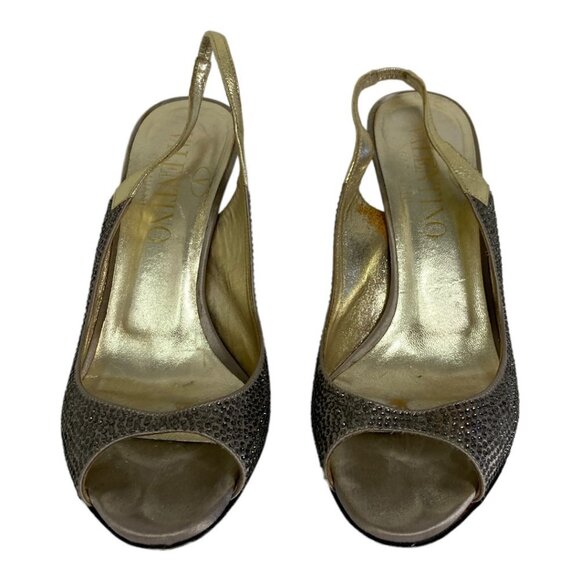 Valentino Gold Sequin Slingback Heels Size 36 or 6 Italy Peep Toe Elastic Band - Picture 5 of 12